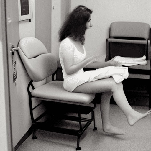 Girl in her twenties wearing only an adult diaper at doctor's office sitting on examination table