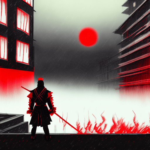 A ninja in red and black samurai outfit, glow red eyes:2, at night, black and red buildings , dark foggy sky, cyberpunk, fluorescent light, dynamic color palettes, red sky, red clouds, red moon, ominous weather, raining, anime inspired, hybrid art, (hyperrealism:0. 5) --style raw