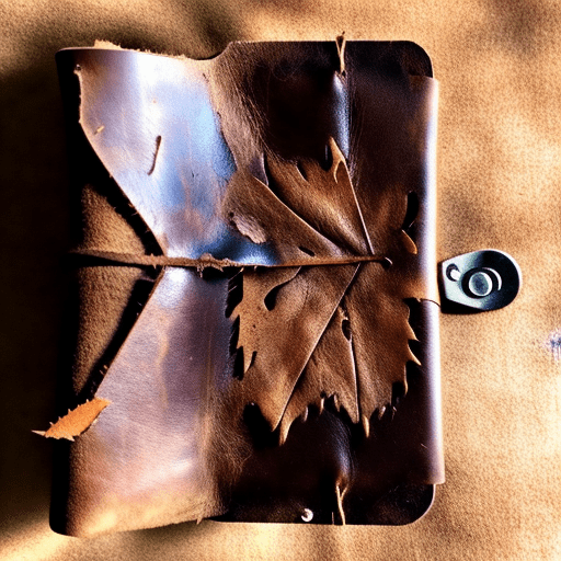 An abandoned leather wallet, open, containing a dusty dry leaf. Style: goth