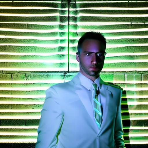 A full-body portrait of a man leaning against a brick wall in a neon-lit cyberpunk city street at night. The city is alive with bright neon lights and glowing signs. He has light, tanned skin, short, combed-back blonde hair, styled in a similar way to a well-known public figure, and is wearing a formal, white dress shirt with a red tie, a tailored dark suit jacket, and dark trousers. His expression is serious with an intense look, featuring a slightly raised brow and a firm scowl. He has a prominent, confident stance, and is wearing polished leather shoes. The scene is dramatic with dynamic lighting, rim lighting, and film grain. The background features a polluted sky, wall graffiti, and city lights. The overall vibe is gritty and intense, reminiscent of a professional, high-detail impressionistic oil painting, with influences from artists like john constable and studio ghibli, and trending on cgsociety.