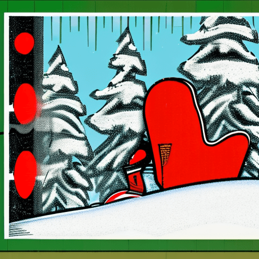 Empty santa sleigh, left alone boot, snowy forest, retro comic style,