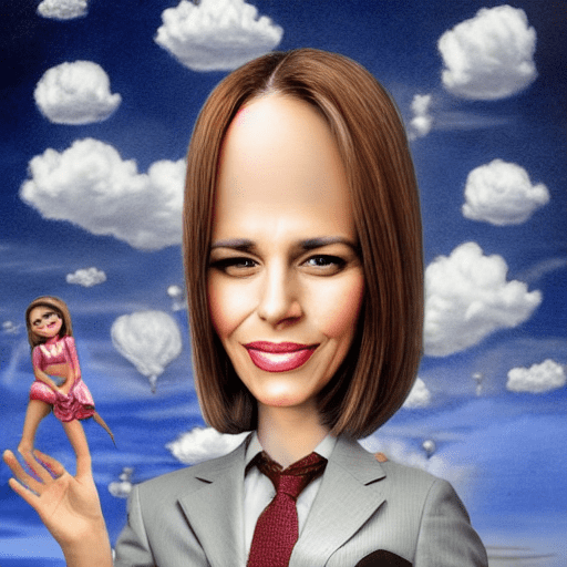 A female meteorologist, forecast in a television newsroom, caricature, sharp, detailed eyes. Background is weather graphics made of meteorological symbols. Surreal lowbrow art by victor castillo and nicoletta ceccoli