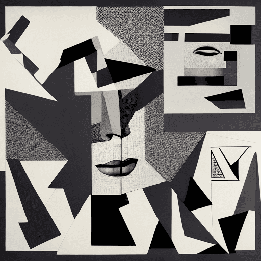 Ambient music artwork vintage prints collage, 80s design, in the style of irving penn and pablo picasso, merging high-contrast black-and-white photography with abstract cubist elements, sharp angles, and fragmented shapes, the woman's face partially obscured by bold geometric patterns, capturing a striking balance between realism and abstraction, her expression enigmatic and compelling --ar 3:4 --quality 2 --v 6. 1