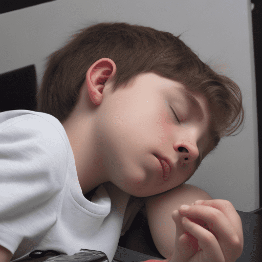 A boy who falls asleep on his keyboard, and wakes up with the mark of the keyboard keys on his cheek
