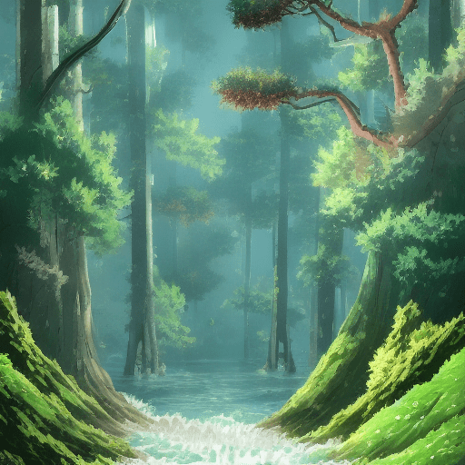 Viral anime nature wallpaper in 4k quality, in the style of digital illustration inspired by hayao miyazaki, featuring a serene of natural disaster in forest, flood landslide, no human characters, the atmosphere is tranquil and enchanting --v 5 --stylize 1000, showing the disharmony of nature, crash trees, intricate detail, and no defects.
