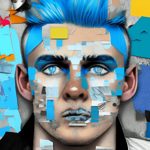 Man with blue hair, in the style of multi-layered collages, edgy street art, celebrity-portraits, cardboard, fragmented icons, realistic hyper-detail, crossed colors --ar 73:111 --stylize 750 --v 6
