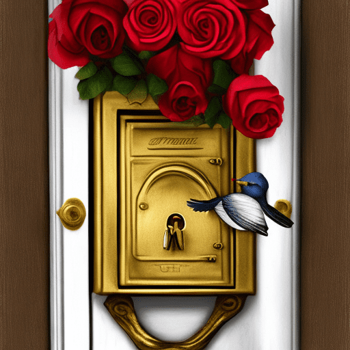 Golden lock from the door surrounded bynred and white roses and birds around