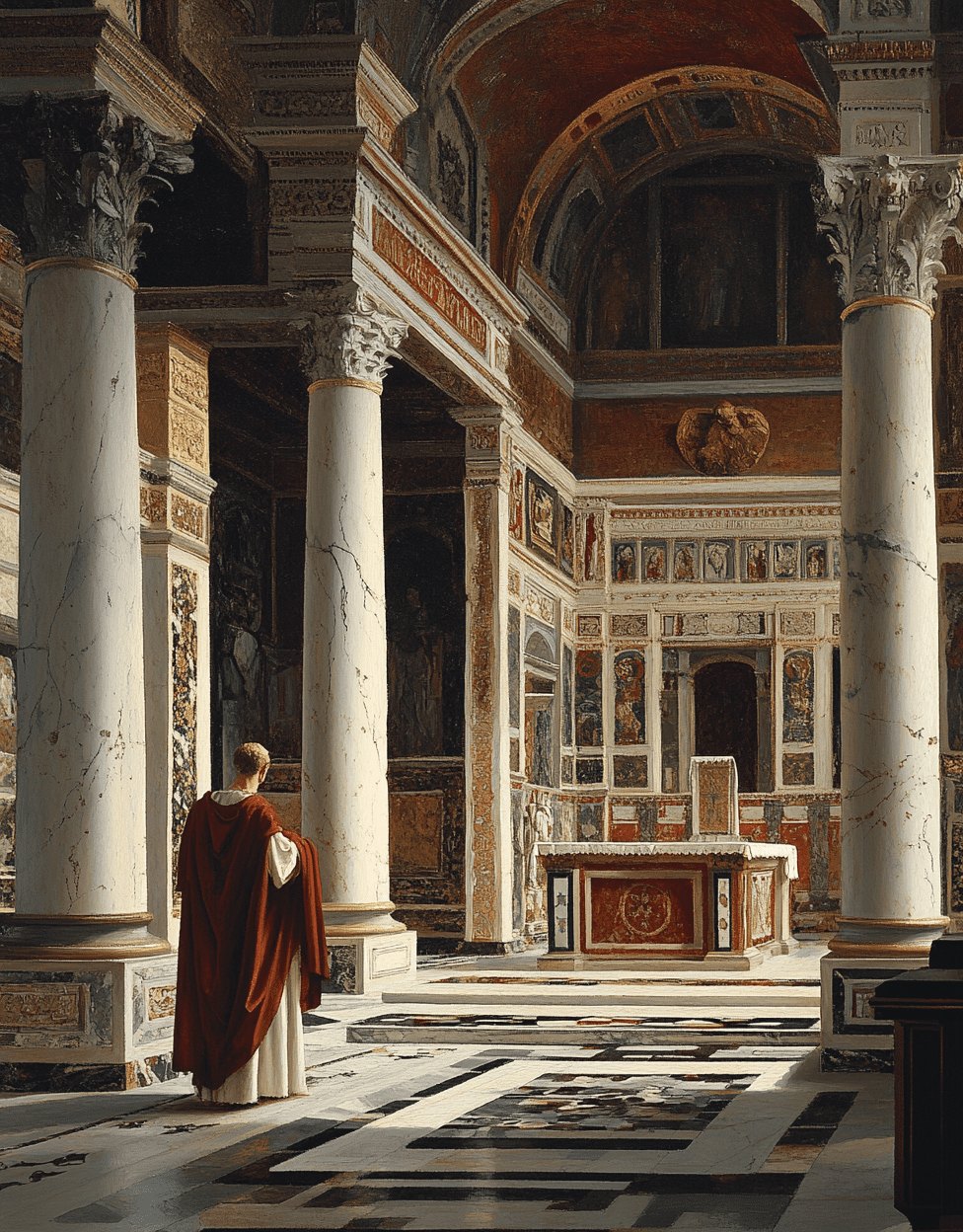 An interior of an early christian church in rome, with ornate mosaic decorations and an altar surrounded by marble columns painted in white and red. A figure is seen standing at one side, wearing ancient roman attire. The floor nearby has black-and-white tiles. In the style of jean-léon gérôme's painting depicting --ar 91:116 --v 6. 1