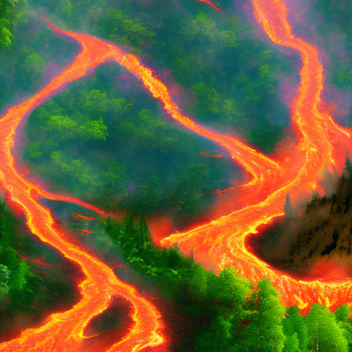 A flow of lava pouring downhill through a forest burning everything in its path water pouring down a mountain, flowers erupting from its path, light and jofyful energy that cant be stopped. Visiual sound waves translucent