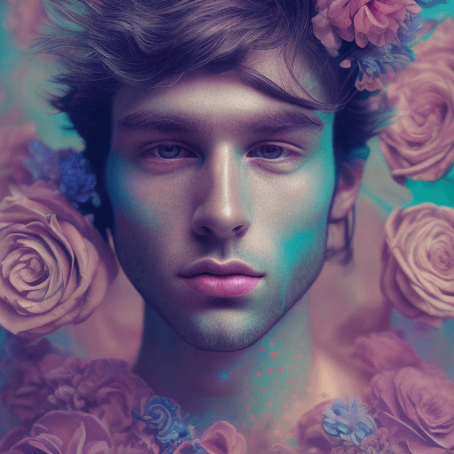 Handsome man in the style of prismatic portraits, contemporary photography, seapunk, neon color palette, delicate flowers, close-up shots, studio photography, film, serene faces