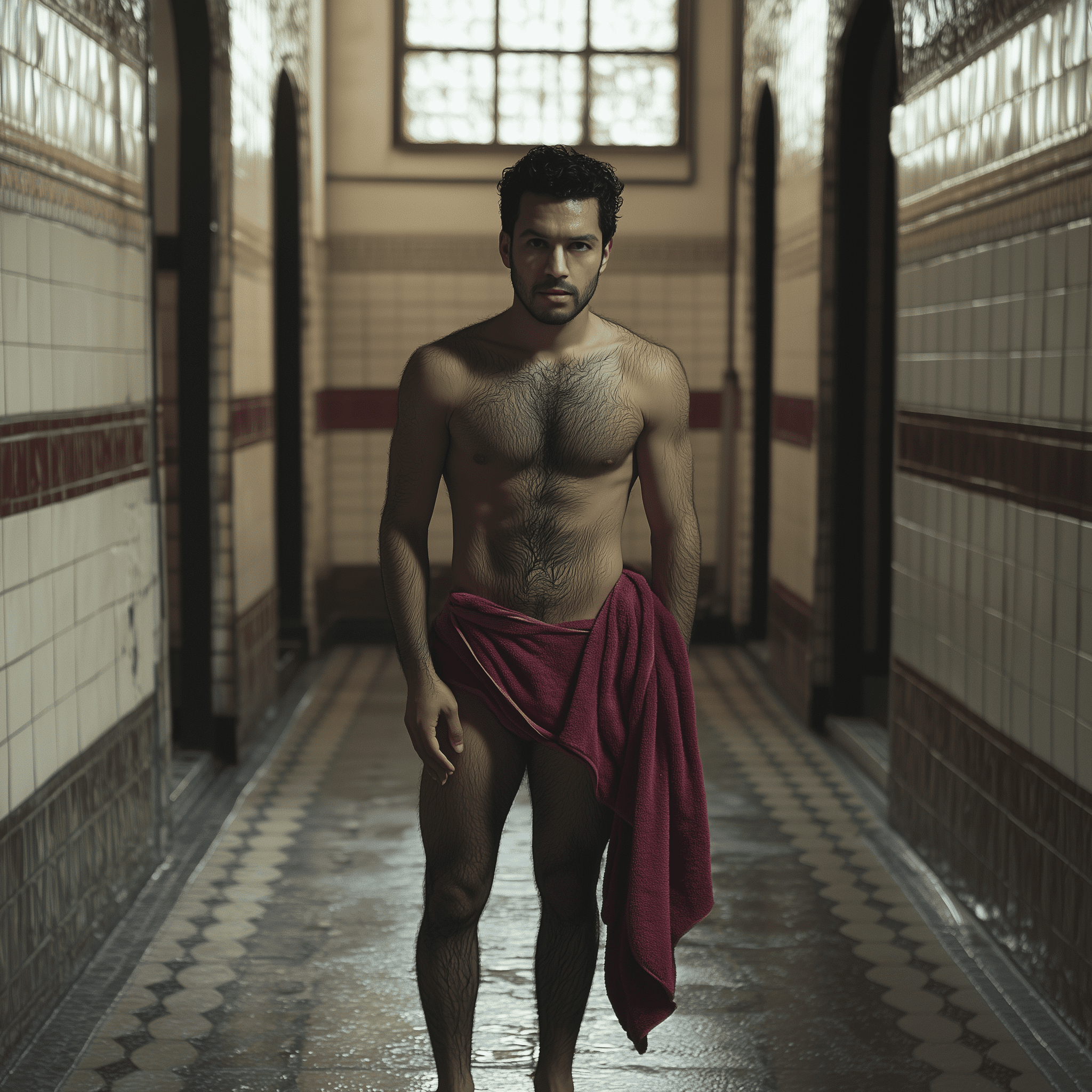 Full shot, full-length portrait, show hands, wide field of view, centered, showing entire body, award-winning cinematography, award-winning photography, portrait of handsome mexican man with black hair and dark eyes, swimmers body build, standing, hairy chest, in the gym, posing for the camera, showing off his legs, ultra-realistic skin, 8khd --chaos 25 --v 6. 1