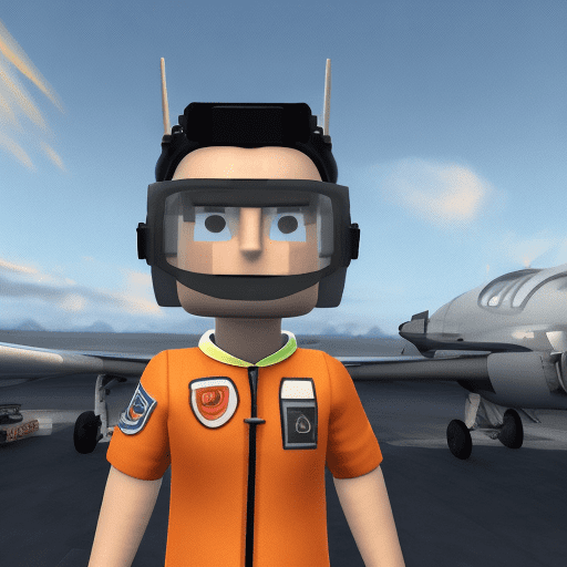 A roblox pilot character in a fighter pilot suit with vintage goggles, standing confidently with arms crossed. The background shows an airport with a control tower in the distance, and a bright sky overhead.
