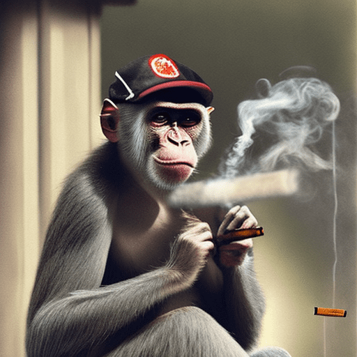 Hyperrealistic monkey smoking cigarettes during war