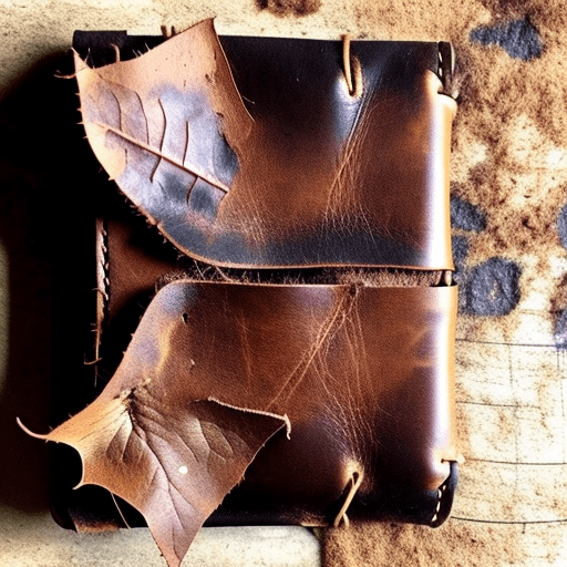 An abandoned leather wallet, containing a dry leaf and some dirt. Style: goth