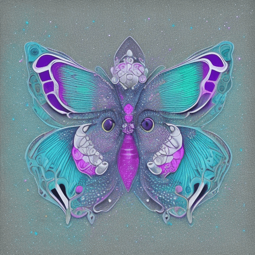 2d papillon rose, blanc, violet, turquoise, lumineux, entouré de lucioles qi brillent dans la nuit