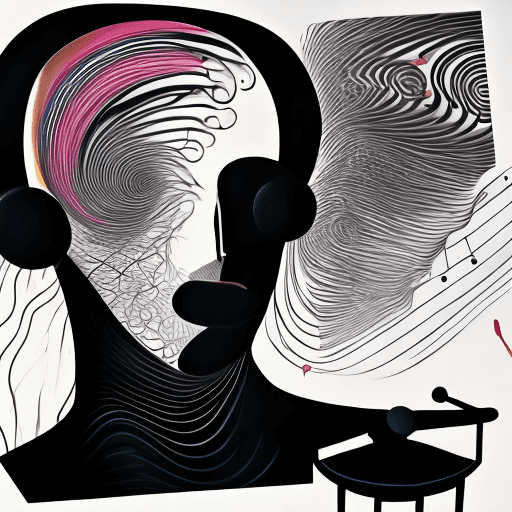 Create an abstract surrealist artwork inspired by a wedding dj performance, with a bald caucasian dj figure subtly incorporated into the scene. The dj should appear as a silhouetted figure surrounded by swirling lines, pulsing shapes, and layered textures that evoke the rhythm and movement of music filling the space. The palette should emphasize contrast and depth, giving the impression of sound waves radiating outward. Use circular and wave-like elements to suggest the lively energy of a dance floor, with the dj at the center as if they’re orchestrating the celebration. The scene should feel immersive, capturing the dj as part of the surreal, dynamic atmosphere.