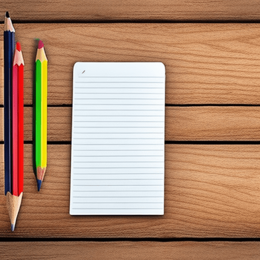 Open notepad with blank pages, on a swedish pine wooden floor, pencil, crayon