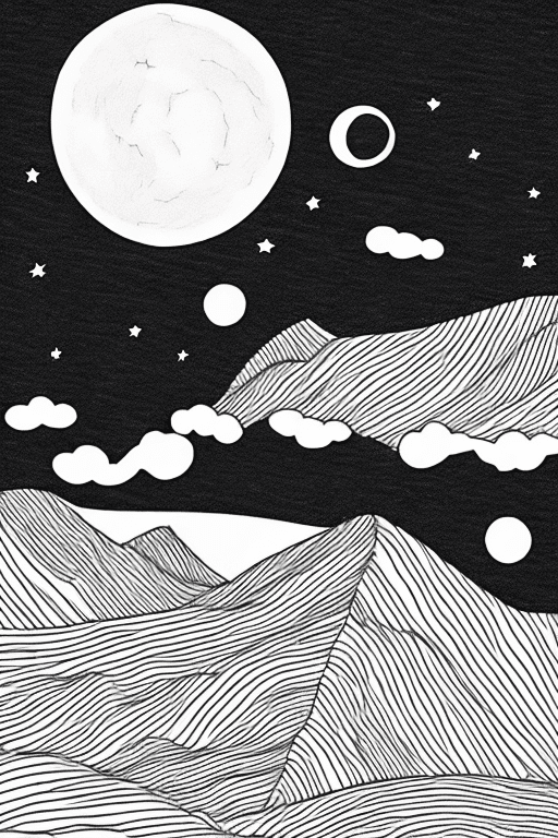 Landscape with moon, black lines white background, coloring page for beginners, simple, minimalist