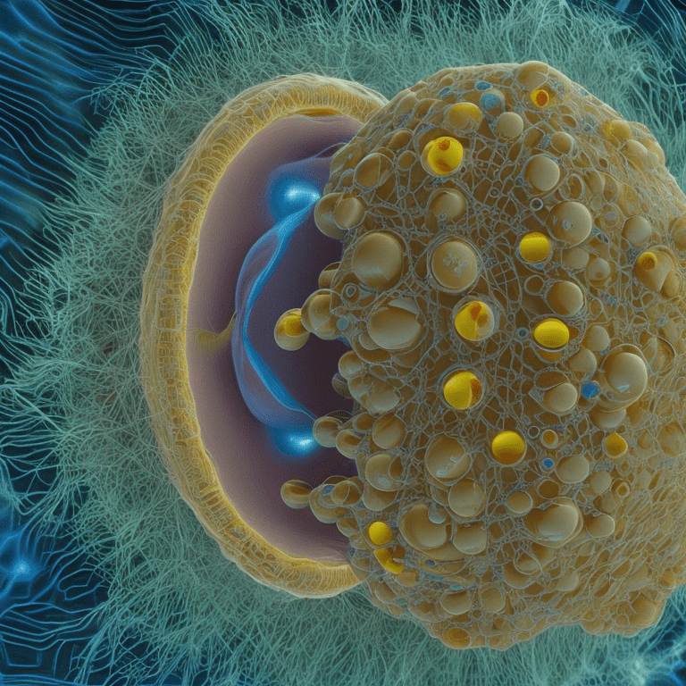 Human cell under a micro electron microscope, intricate detail. Warm light. Oil painting by james gurney
