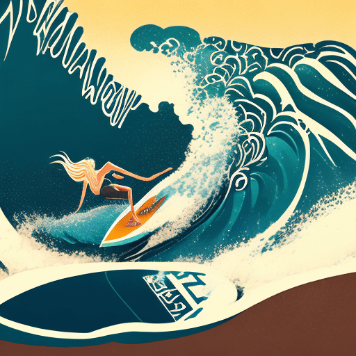Logo of a surfing school showing a woman with long blond hair riding a wave on a surf board, intricate artwork. Trending on artstation. Cinematic, high detail, 8k
