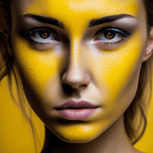 Photography, upper body, yellow hue, woman model, solid yellow backdrop, yellow eyes detailing, using a camera setup that mimics a large aperture, f/1. 4 --ar 9:16 --style raw