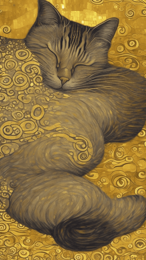 A soft and breathtaking detailed painting of a sleeping cat in the style of gustav klimt, , shiny gold, elegant, highly detailed, artstation, concept art, matte, sharp focus, art by picasso