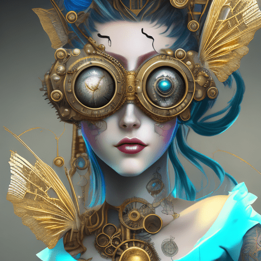 3d image of a steampunk woman, in the style of bella kotak, gold and cyan, tatto by random latin phrases, photorealistic detail, dark fairy tales, detailed miniatures, artgerm, uhd image --ar 35:64 --stylize 750
