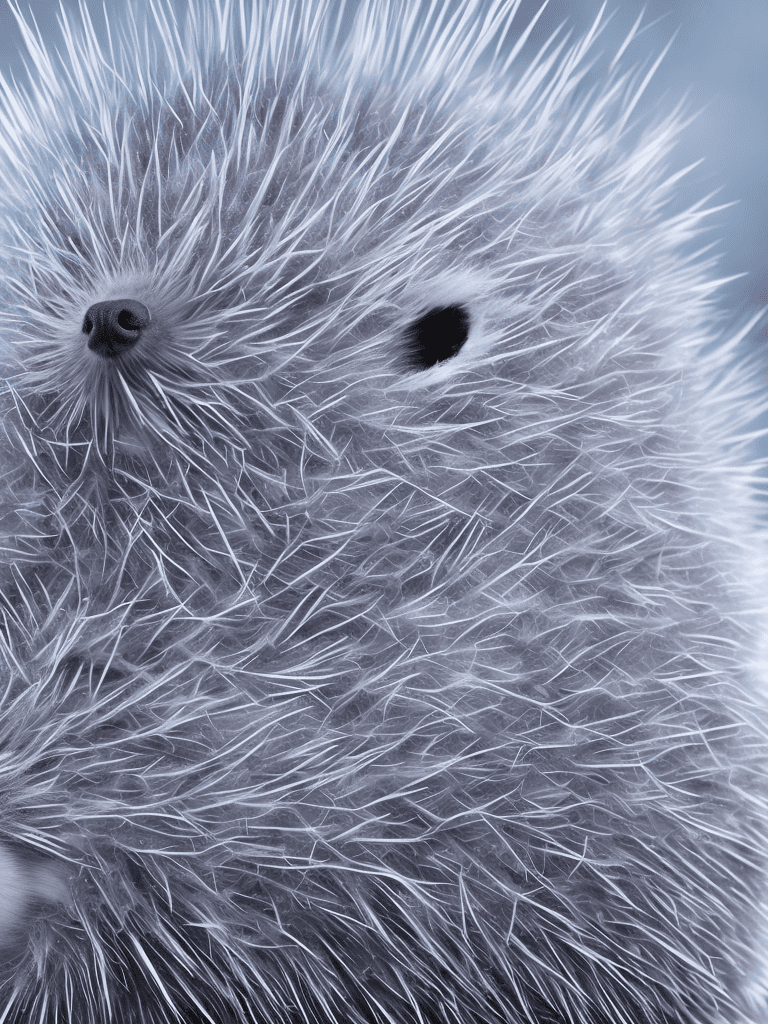 A close-up, ultra-realistic photograph of a hybrid animal—a cat-hedgehog creature with soft, fur-covered quills blending into icy white spines, snowflakes settling on the quills, large curious eyes with frosty blue pupils, and a small pink nose. It stands against a background of frozen, misty tundra with icicles hanging nearby, soft winter sunlight filtering through snow-dusted branches, hd quality, natural light, cinematic photography, inspired by fantasy creature design, ice and winter-themed details, extreme close-up