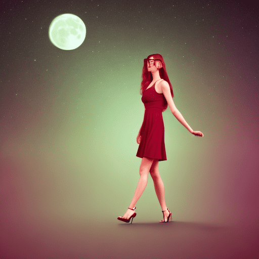 Attractive ginger women wearing glasses, sundress, and heels, walking alone at night, full moon, light fog, in a dark ally, contemporary colors, abstract background