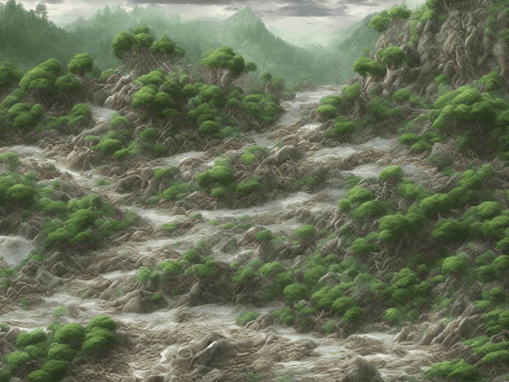 Storm, typhon, rock fill river, litter, natural disaster in forest, flood landslide, no human characters, showing the disharmony of nature, crash trees, intricate detail, and no defects, 3d rendering, front view, emphasize textures that rough-textured colored paper, masterpiece, handmade