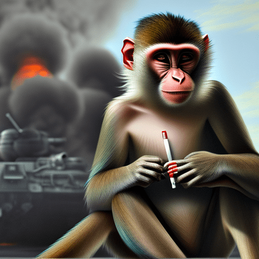 Hyperrealistic monkey smoking cigarettes during war, he is sittin on big bombs, in the background tanks and army are passing by. The background is a destroyed city