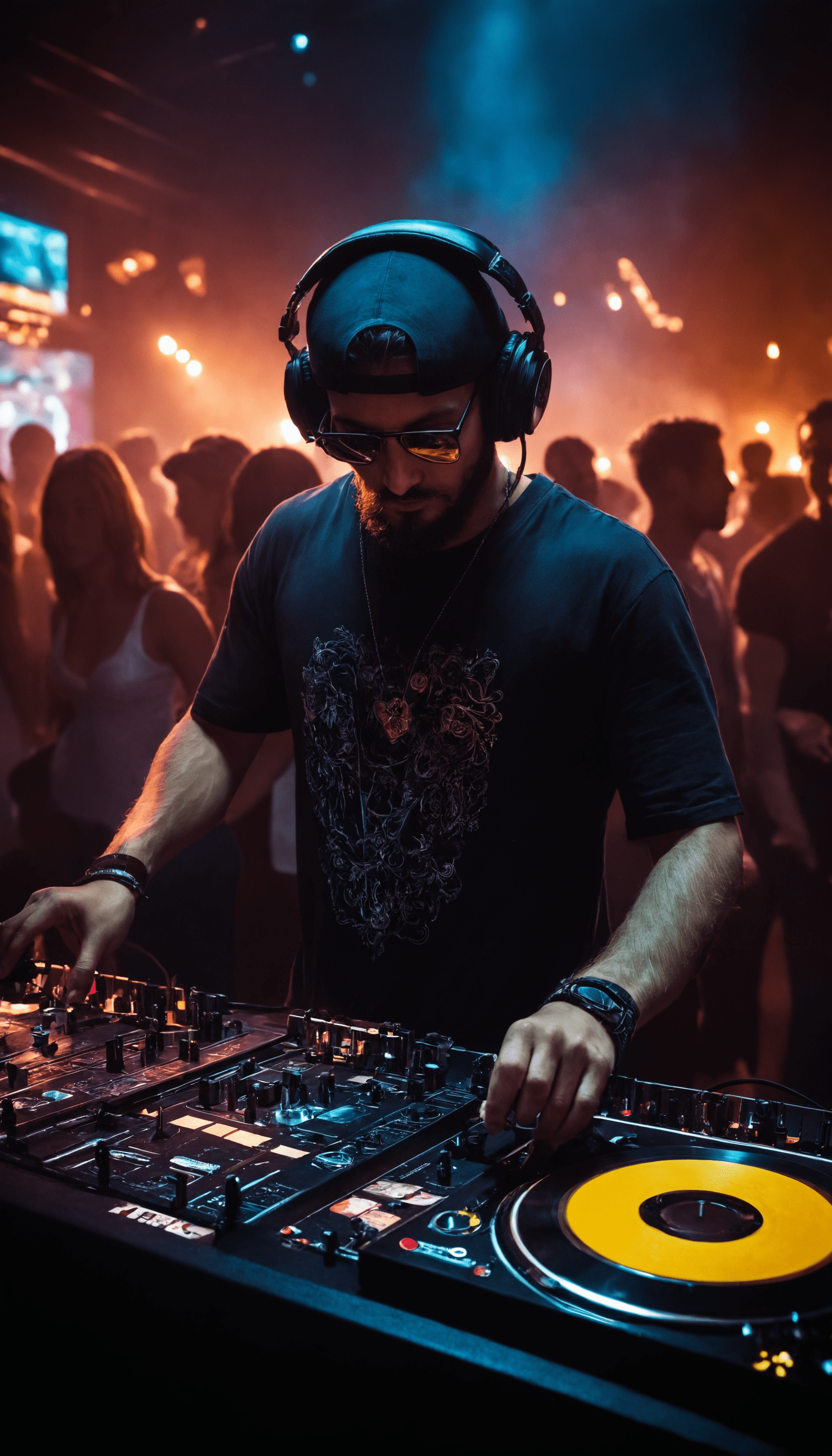 A dj with a beard and glasses wearing a baseball cap and a black t-shirt, headphones, entertainment at a vibrant party nightclub, cinematic lights,