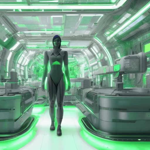 In a research facility on a space station, a 40 year old female scientist and a female android with a cybernetic body and a natural human face are researching a glowing green crystal. Furniture in cyberpunk aesthetic.