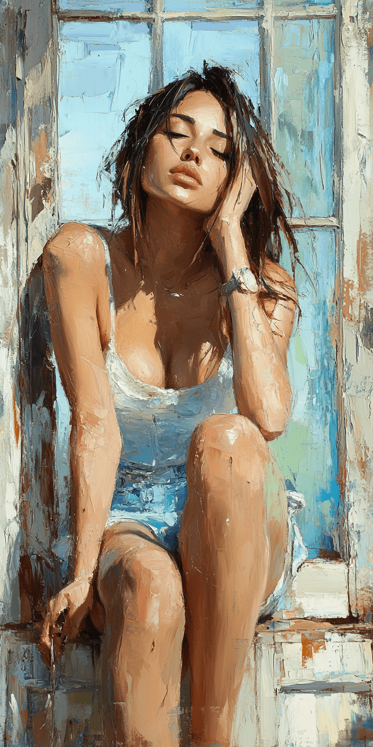 A painting of a woman sitting near a window, in the style of beautiful women, playfully intricate, heavy impasto, i can't believe how beautiful this is, romantic flair, close-up --ar 1:2 --personalize yruxpc2 --stylize 750 --v 6. 1