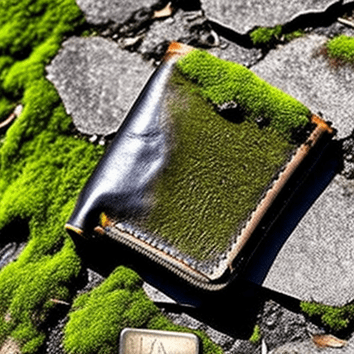An abandoned leather wallet on a mossy pavement crack. Style: goth