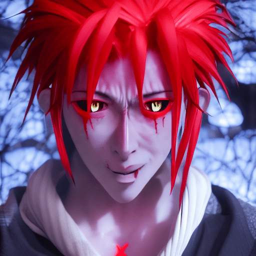 Portrait of sukuna with red hairs, jujutsu kaisen, full red moon, uhd, ultra realistic, unreal engine 5 , red neon light , demon look, high resolution