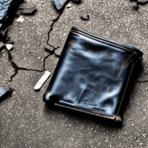 An open abandoned leather wallet lying against a pavement crack. Style: goth