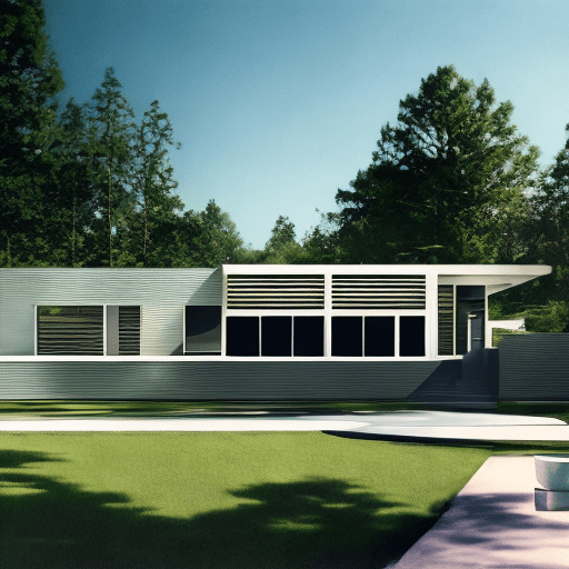 Hyper realistic eye level exterior photo of a mid century modern style house overlooking the horizon, daylight, indirect lighting, raytracing, neon, ad magazine, frank lloyd, eames, mies van der rohe
