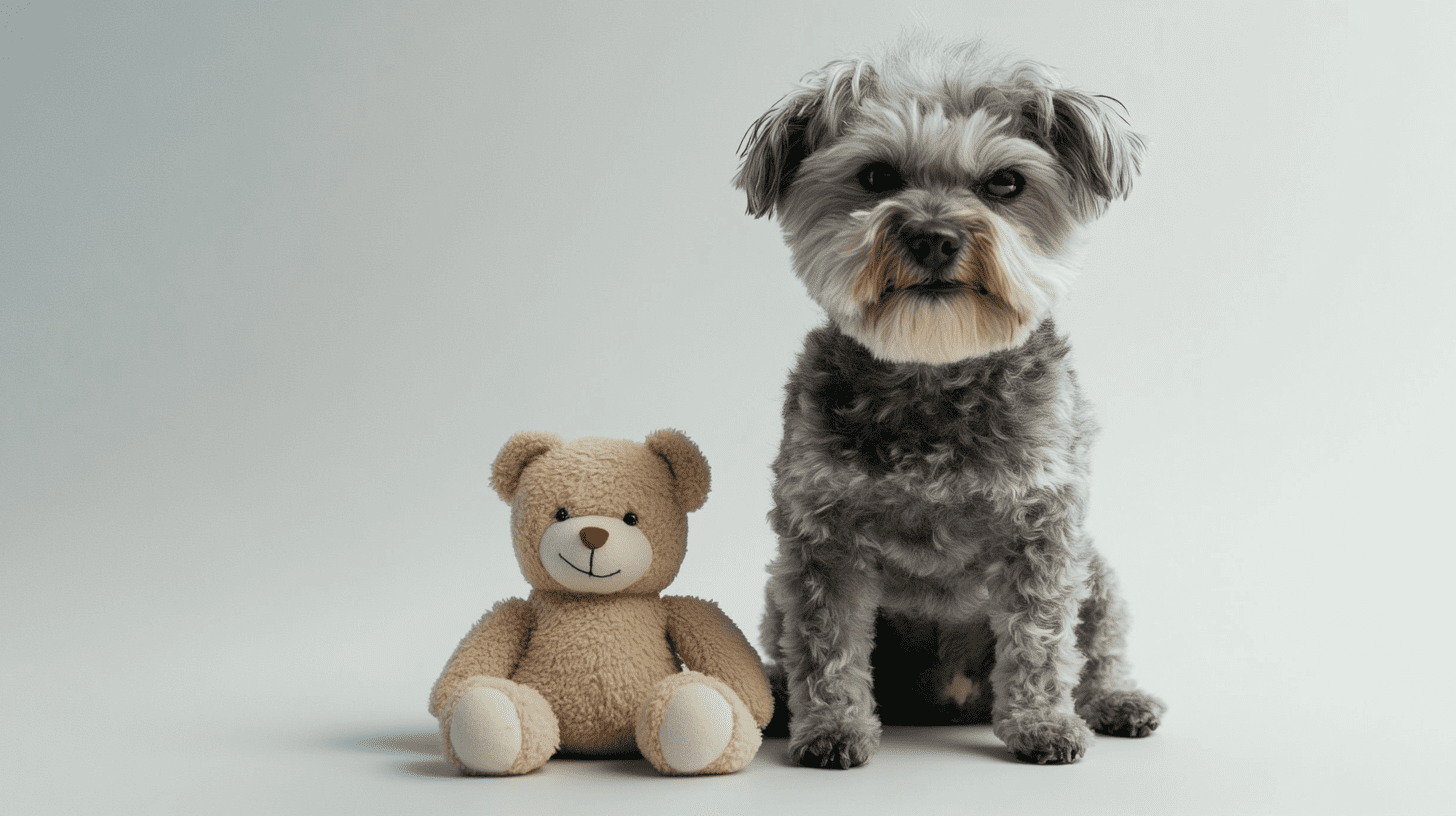 Imagine full body wide lens shot character referencing the look of this mainly grey fur with few lighter areas on his front legs and head bolanka pudle dog, looking into the camera, sitting, with a teddy bear toy next to him, solid white background --ar 16:9 --cref [link to dog image] --cw 0 --stylize 50 --v 6. 1