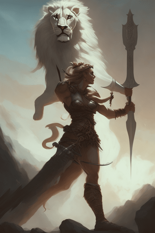 A female warrior holding the head of an enormous white lion on her spear, detailed face and eyes, in the style of peter mohrbacher, dynamic lighting. --v 6. 0 --ar 4:5