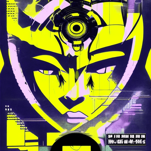 Early techno rave music flyer inspired by ghost in the shell, 90s manga aesthetic, expressive face, yellow background