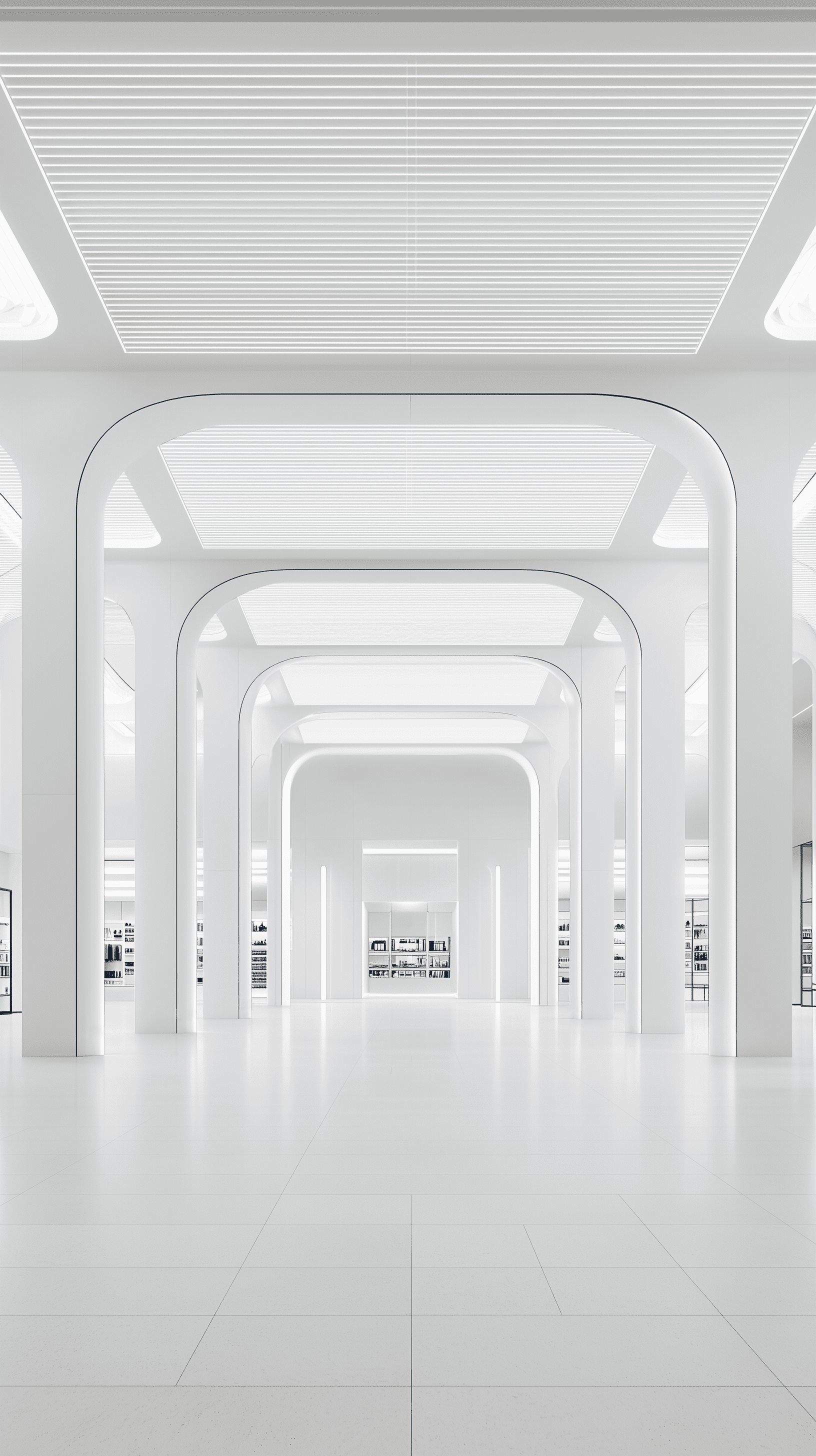 Rendering, front view with central composition, modern mid-size concept store within a contemporary architectural, defined by a systematically organized grid system that crisscrosses the ceiling and walls, embodying the fusion of form and function, rendered primarily in a monochromatic color palette of white and shades of black, accents of matte stainless steel, delicate highlights of indirect lighting subtly emphasize certain wall panels, adding a dynamic layer to the minimalist design, focus on the grid lines, perfect alignment, interaction between the matte surfaces and the occasional illuminated wall areas, composition captures the essence of modernity, from the floor tiles to the metal sculptures, contributes to a sense of structural elegance, everything is depicted with a balance of light and shadow that emphasizes sharp clarity and the geometric precision of the space, expert and perfect composition, perfect all setting, rich detail, ultra resolution, clear, wide-angle with light realism details, unreal engine5, dlss, ray tracing with volumetric lighting --chaos 15 --ar 9:16 --quality 2 --style raw --personalize flveq4x --stylize 300 --v 6. 1