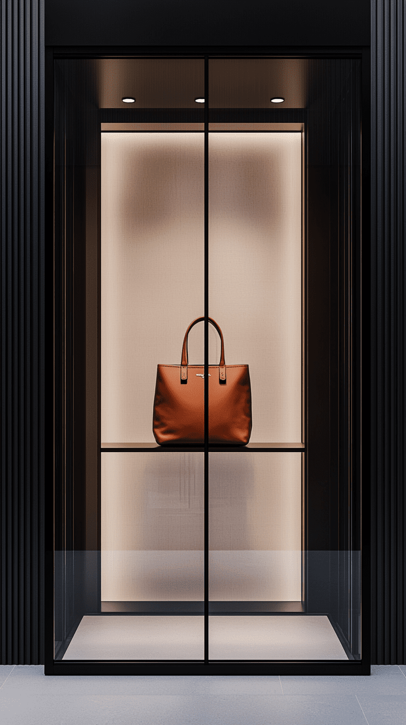 High resolution photography, front view, facade show window with bold black frame, glass behind luxury handbag, balanced on a thin golden rod, brown leather texture visible, minimalist interior with matte, plain walls creating depth, soft overhead spotlights highlighting the product, glass reflective effect, hdri, expert quality texture, ultra realistic, 8k, rich detailing --ar 9:16 --quality 2 --style raw --personalize 3q55mu4 --v 6. 1