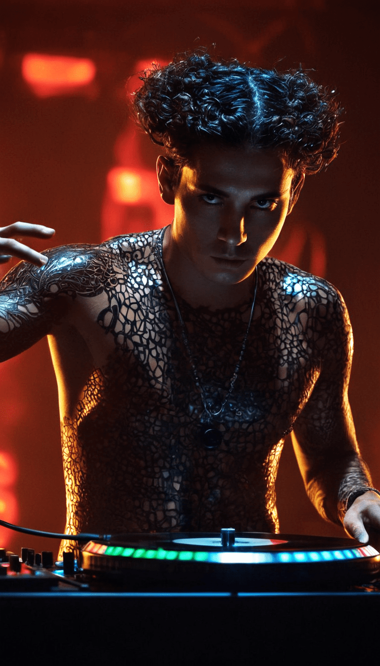 A dj with naked torso and tattoo entertainment at a vibrant party nightclub, cinematic lights, fashionable dark hair, volumetric lighting, cinematic angle, glamour vibrant, orange backlights,