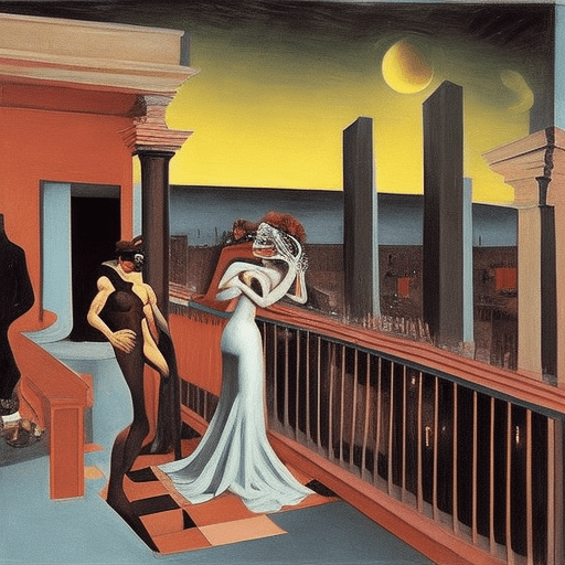 Wild party with masked venus and her lascivious boyfriend on the chaotic roof terrace at night, oilpainting by giorgio de chirico and helnwein, perfect anatomy, dramatic lit, insanely detailed, very accurate representation, complicated shapes, sharp depiction