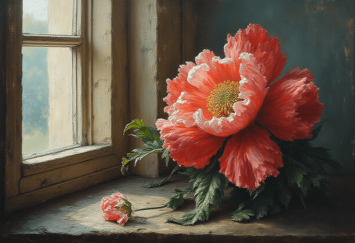 A chubby oil painting withered and wilted flower, window on the left side sunlight shining in, masterpiece, hight details, modelshoot style, extremely intricate details, popping colors, popart style