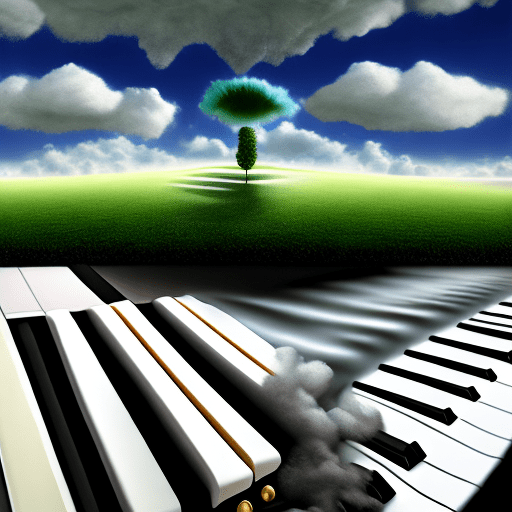 3d digital dynamic surreal, painting of a fantasy, natural dreamscape of a green field and bright blue sky and white clouds. A rug-like, sharply cascading upward black and white keyboard of a piano is leading high, up to the sky, into the clouds. But walking on the keyboard is rough, because it is swirling, some clearly visible people are seen while kneeling and sitting on the ground after falling down from the keyboard. The landscape is clean and minimalist.