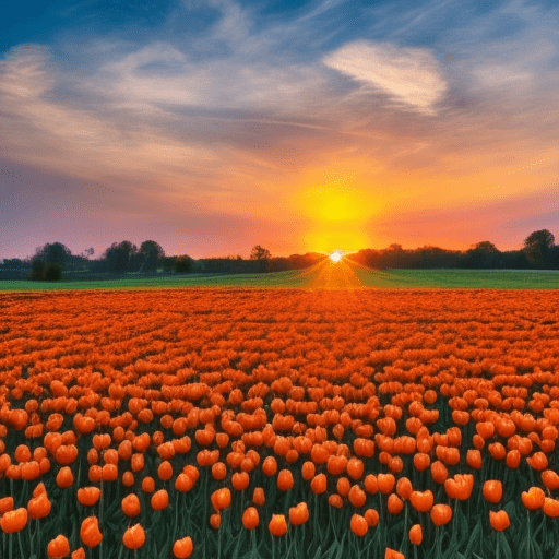 Field of orange tulip flowers at the sunset.