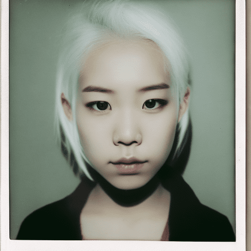 Portrait high definition of a 20 years old japanese girl with white hair, she looking directly the camera, polaroid like