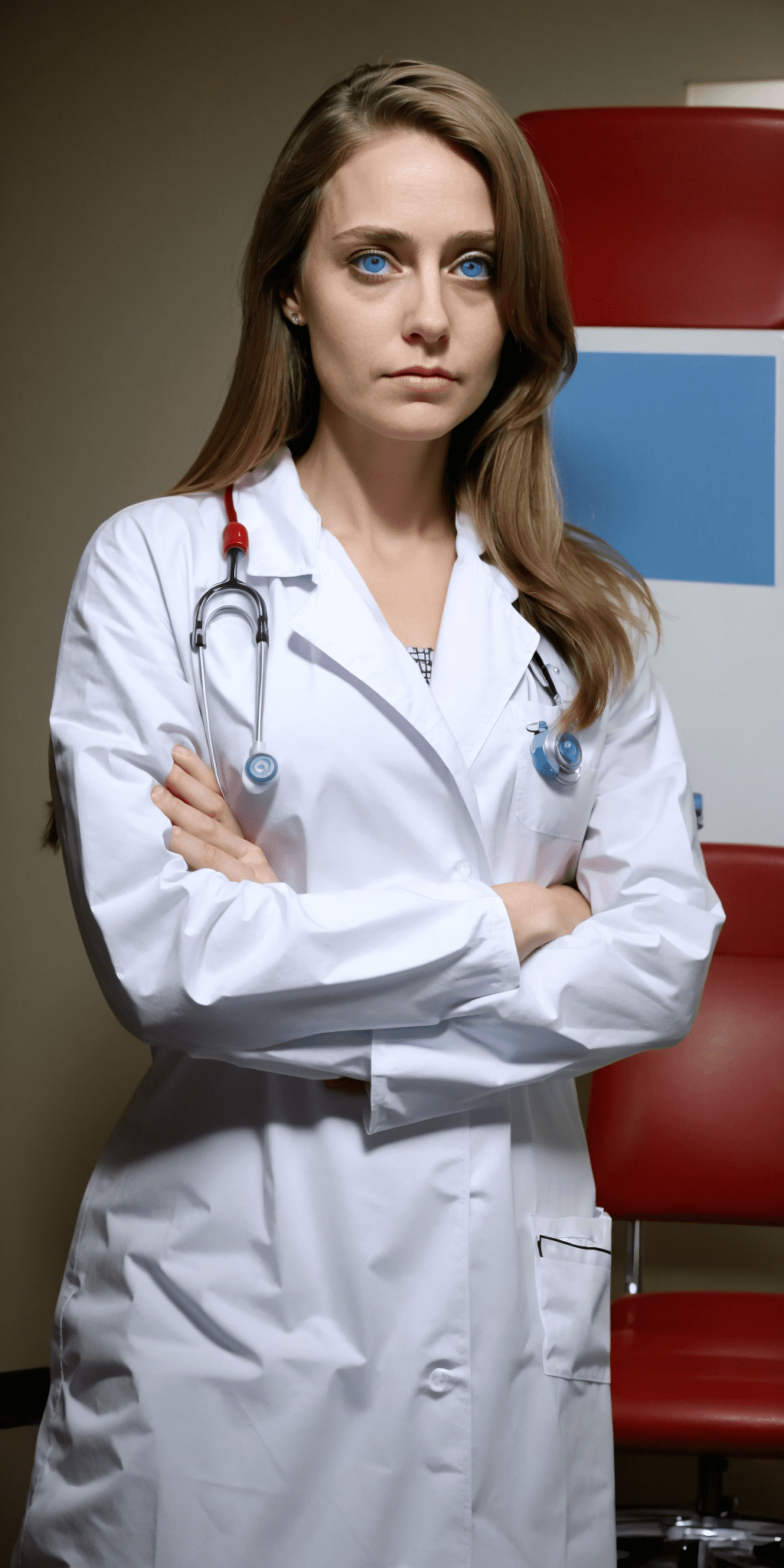 Professional doctor, blue eyes, serious look, full body shot, arms crossed, medical office with chairs in the background, epic scene